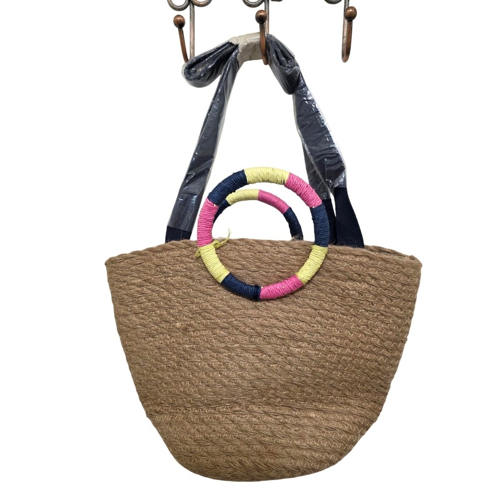 NWT Natural Woven Straw Tote Bag With Colorful Wrapped Handles & Black Shoulder